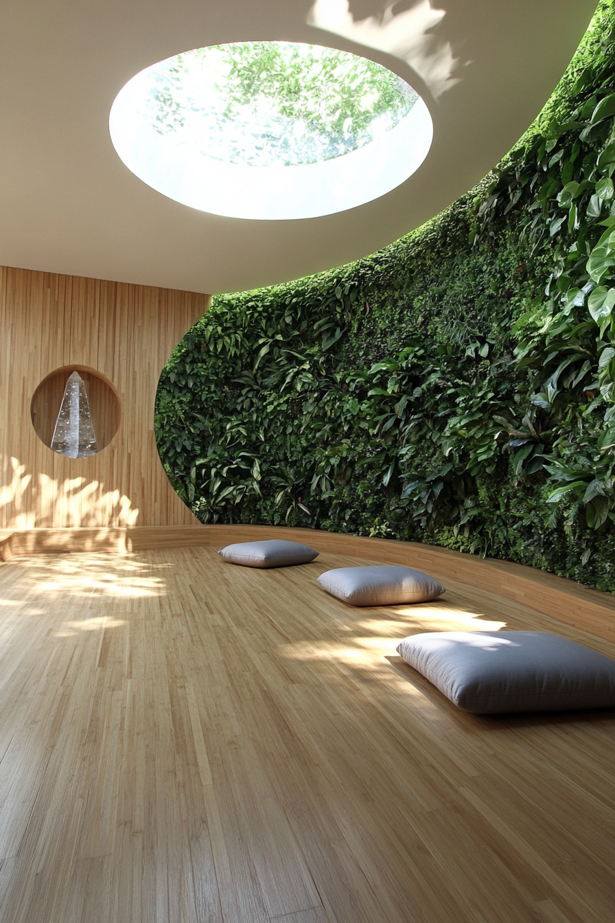 Yoga space. Bamboo flooring, living wall, circular skylight, crystal display and meditation cushion.