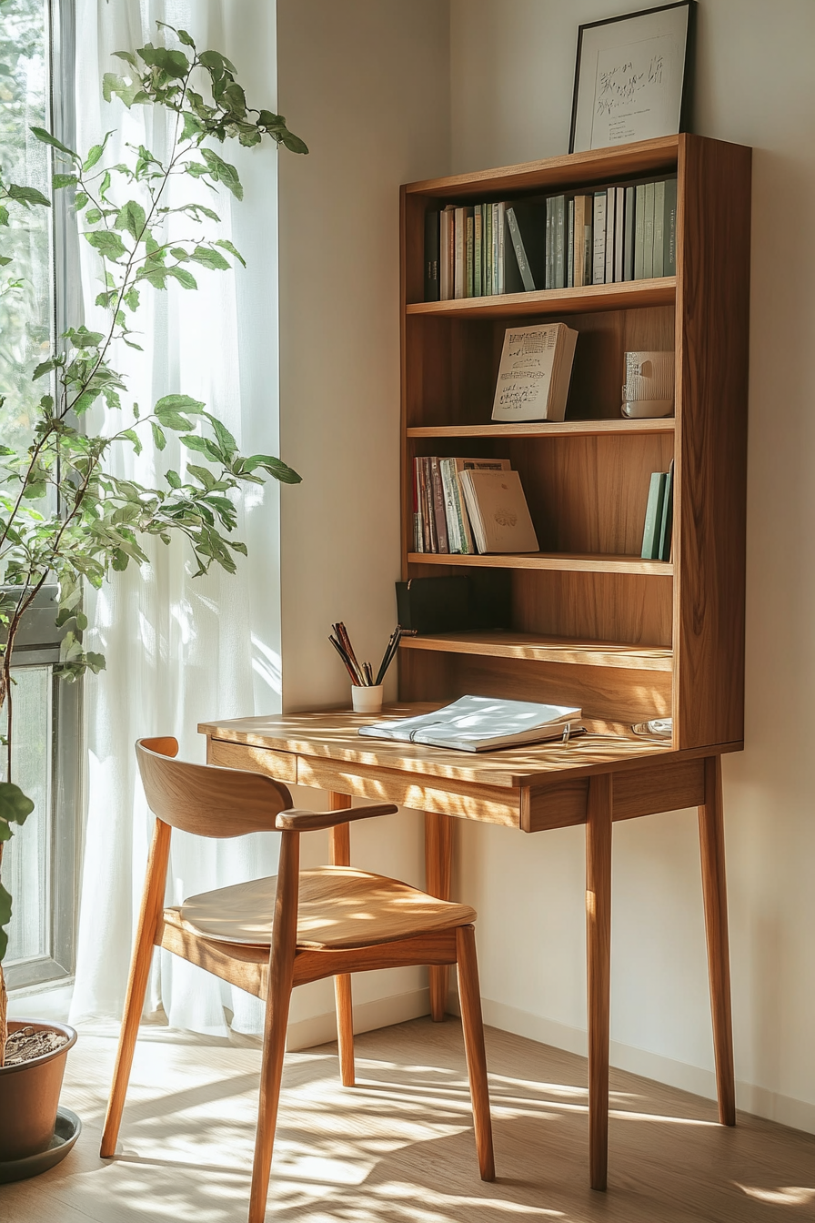 Minimal living with multifunctional furniture. Wooden desk convertible to bookshelf, Zen-inspired study corner.