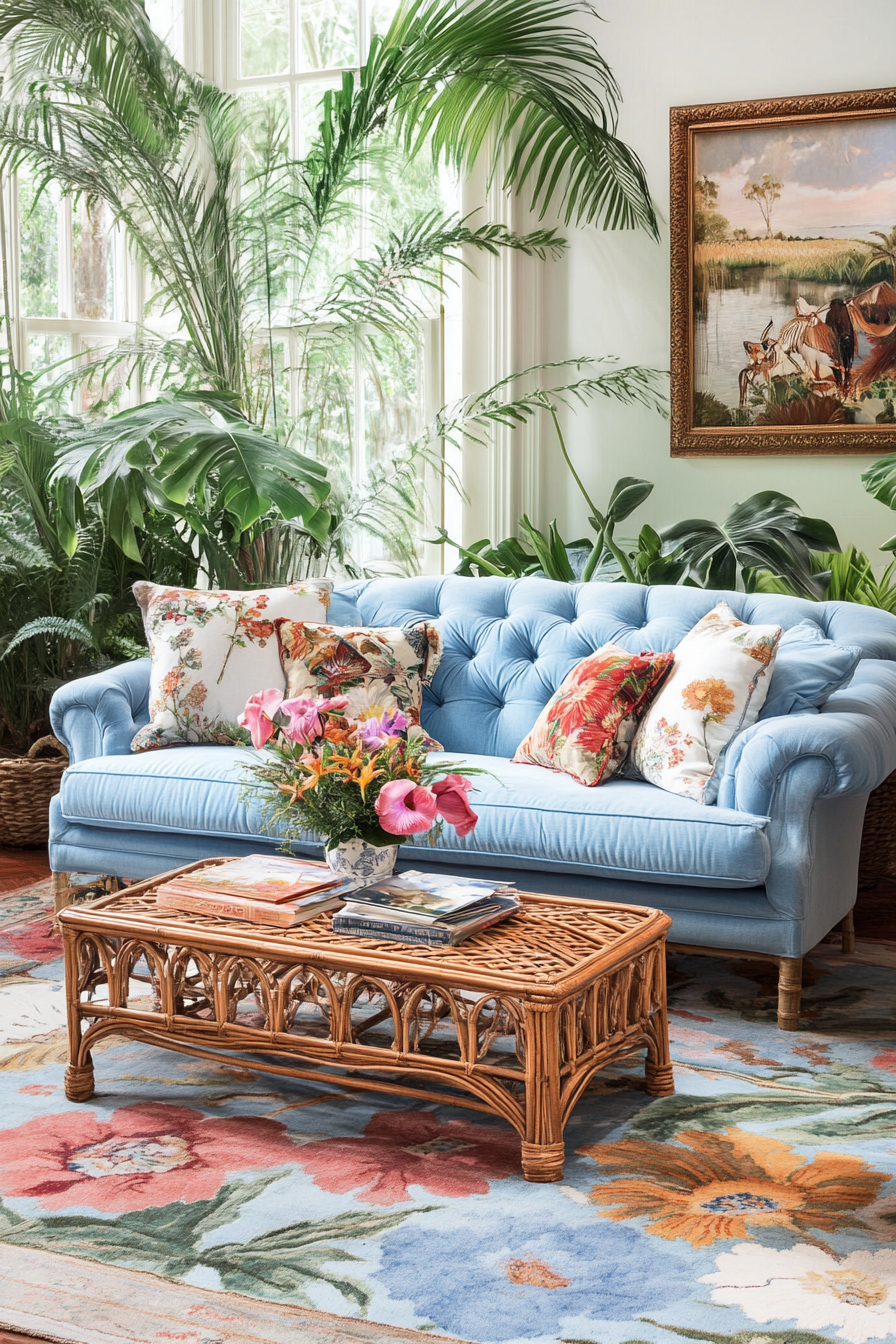 Coastal living space. Blue chinoiserie sofa, worn floral rug, rattan coffee table.