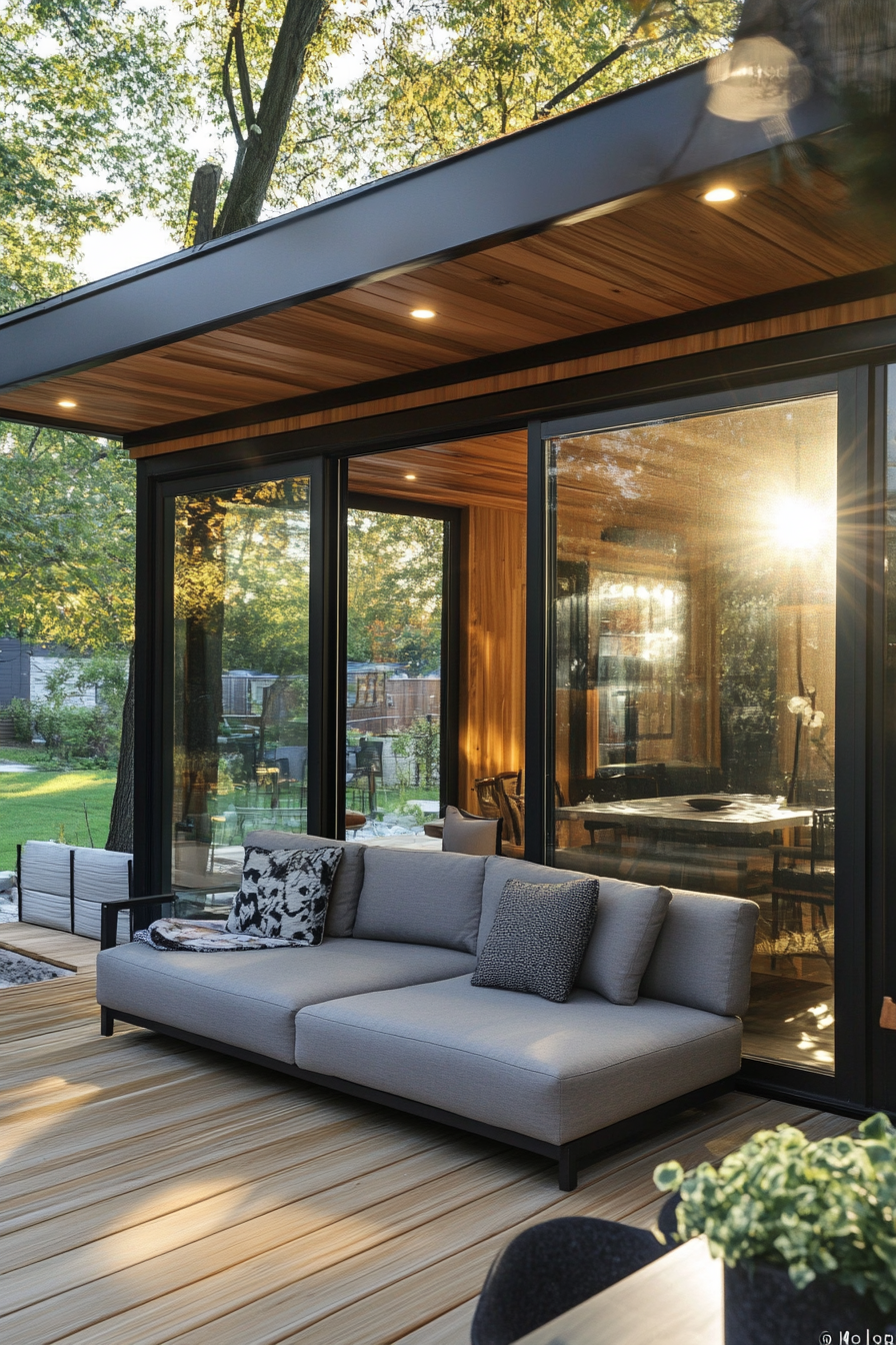 Modern enclosed porch. Pale grey minimalist sofa against glass walls.