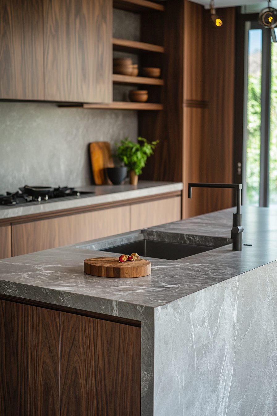 Premium Kitchen Design. Grey marble countertop with walnut cabinet.