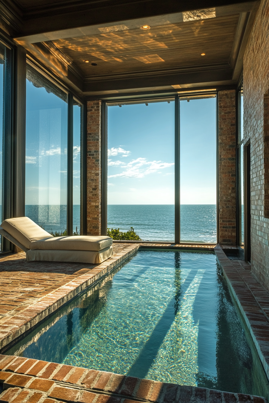 Pool house. Glass walls, brick floor, alabaster-covered lounge, ocean-view indoor-outdoor shower with cabana.