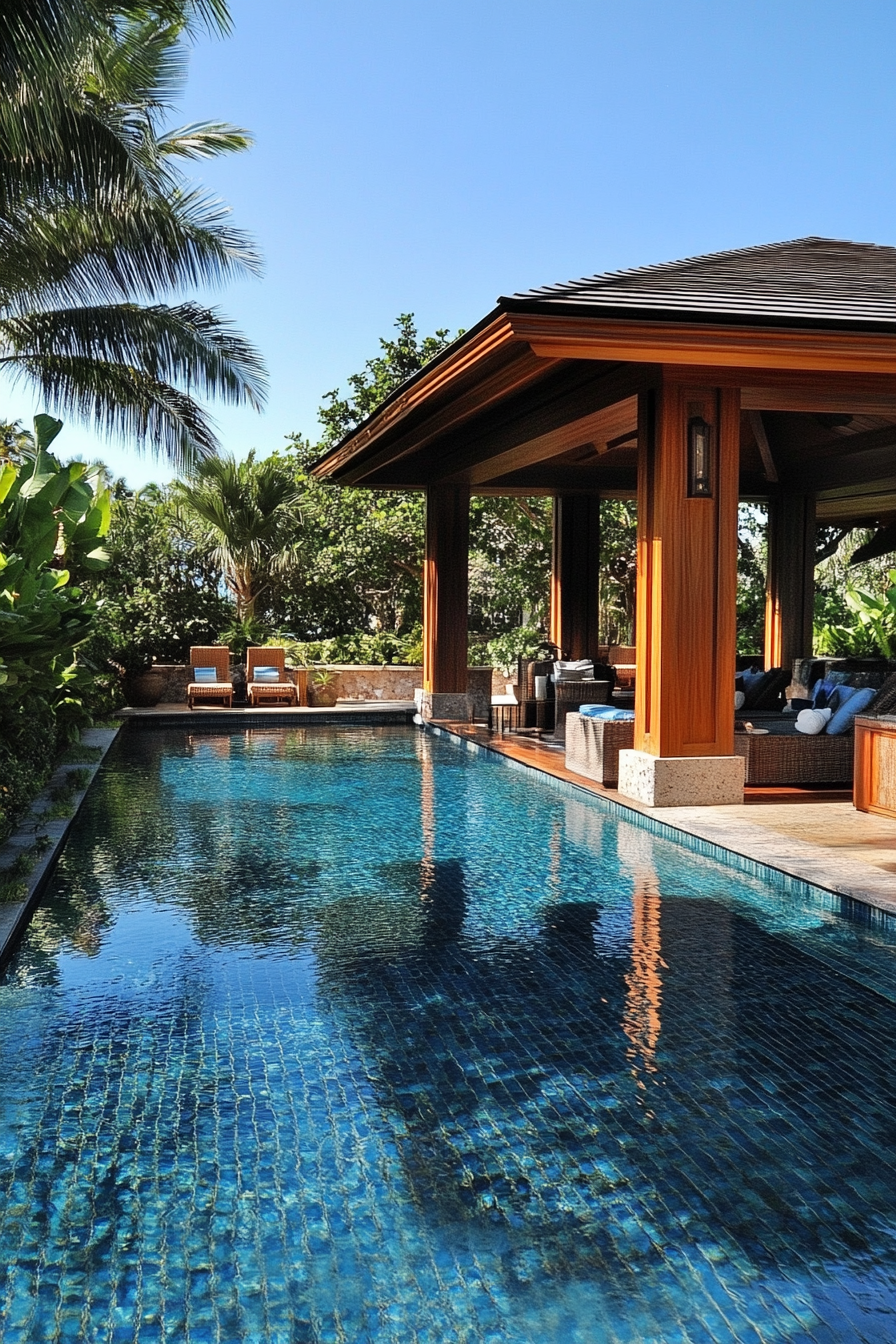 Pool house. Teak wood changing cabana next to a walk-in infinity pool.