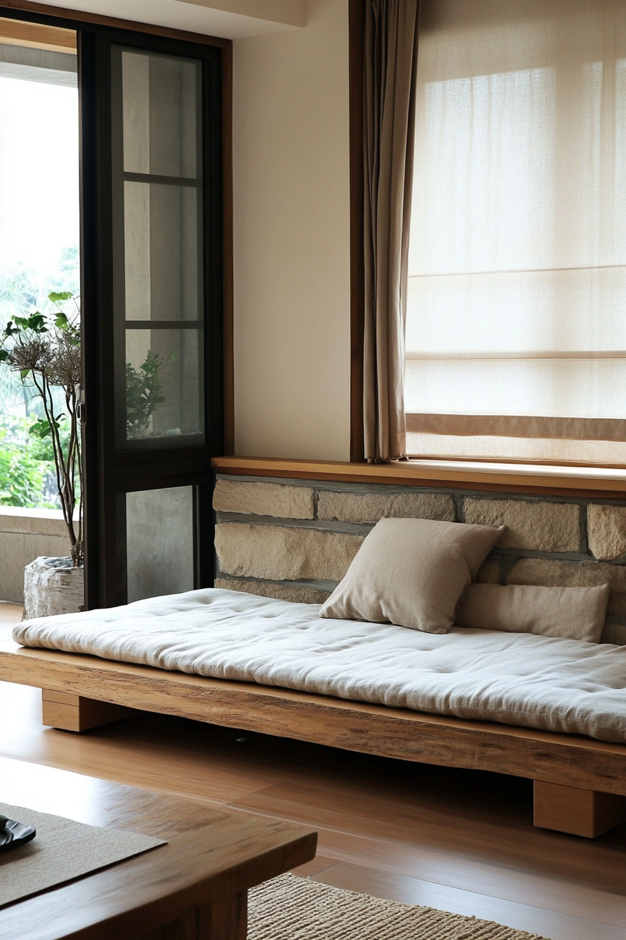 Minimal living space. Convertible climate-equipped desk, futon sofa bed, stone accented zen study corner.