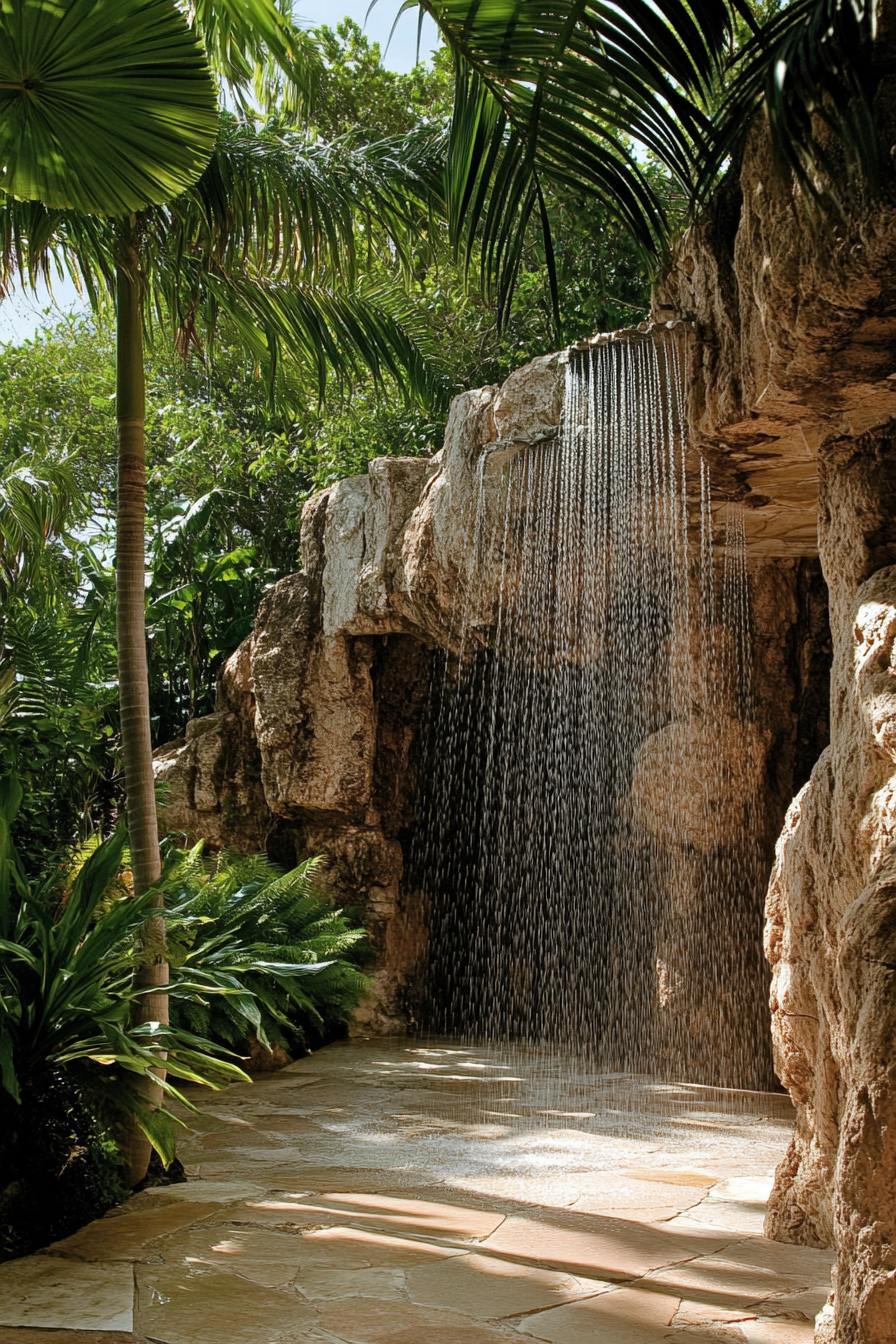 Outdoor shower. Natural rock formation with copper cascading heads amidst tropical ferns.