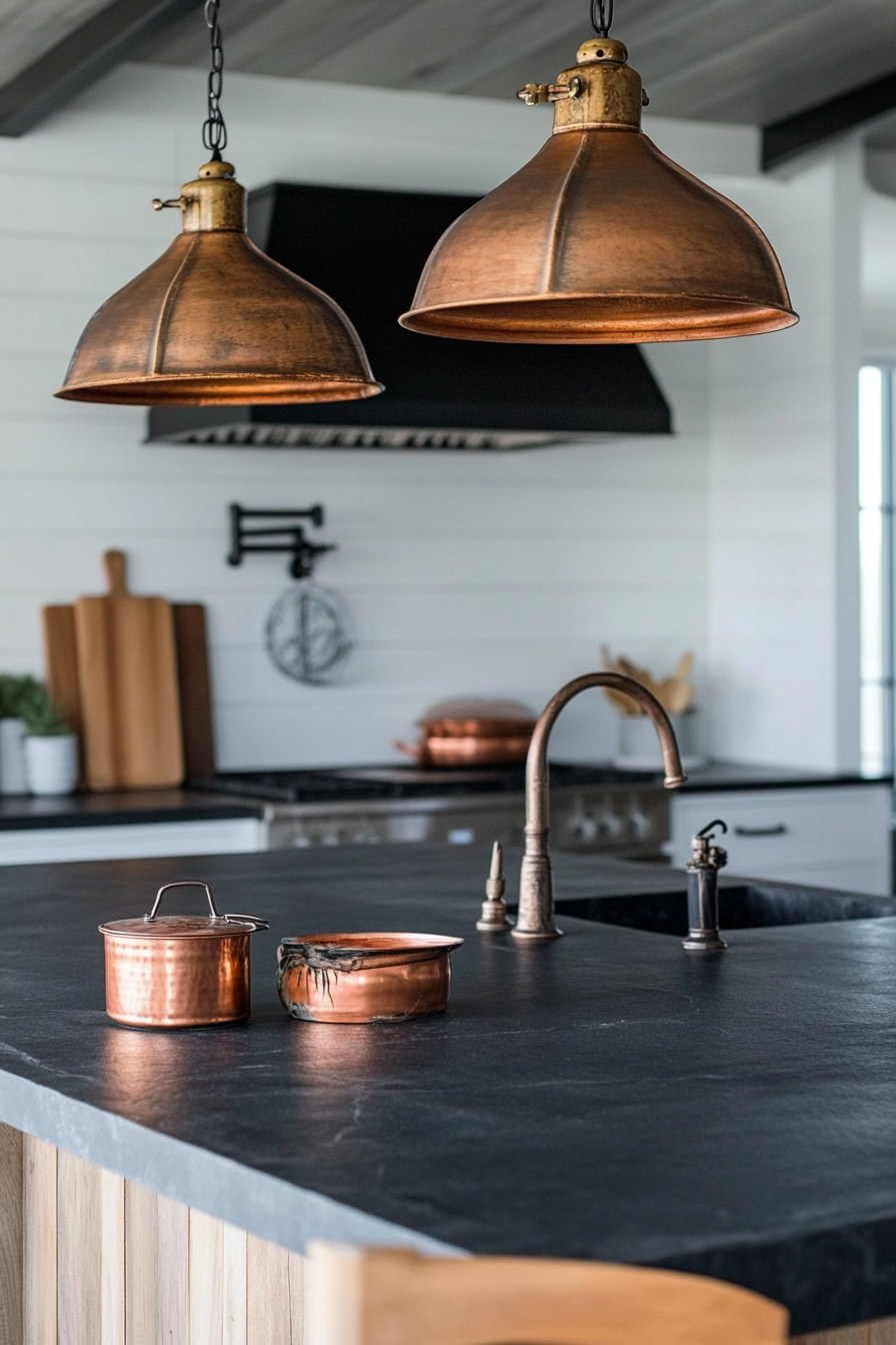 Kitchen. Soapstone countertops, copper vessels, vintage scale, industrial pendants.