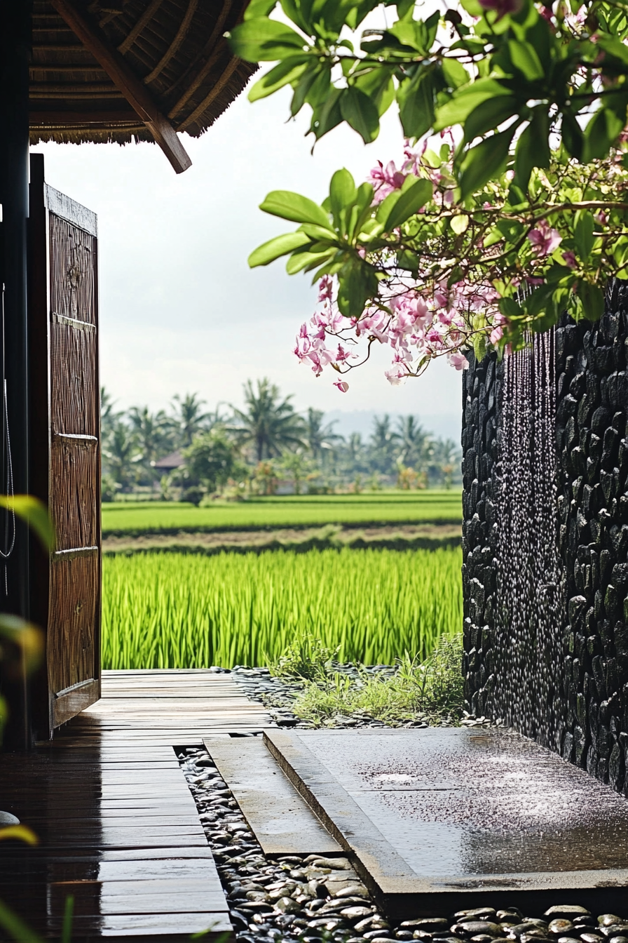 Outdoor shower. Black stone, teak wood, orchid wall, ricefields backdrop.