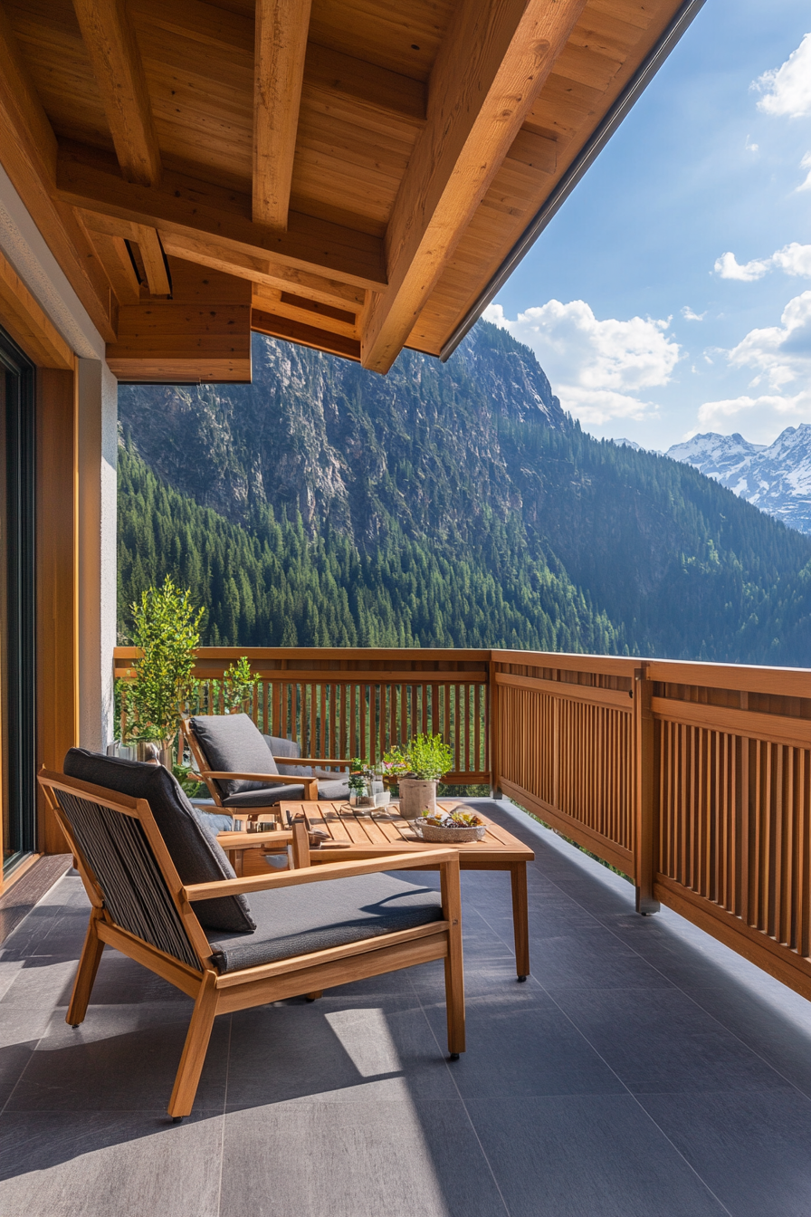 Contemporary Alpine Living. Spacious balcony with teak furniture and mountain panorama.