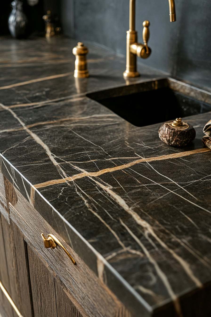 Premium Kitchen Design. Marble countertops with brass fixtures.