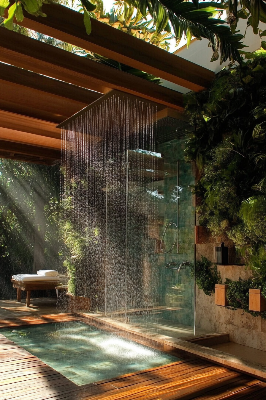 Outdoor bathroom. Glass wall, teak floor, rainfall shower, living wall, pergola cover.