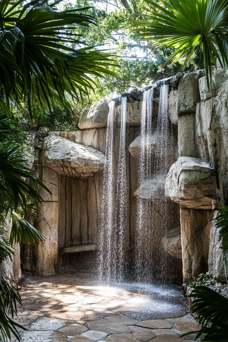 Outdoor shower. Limestone rock formation with triple cascades amidst palm trees.