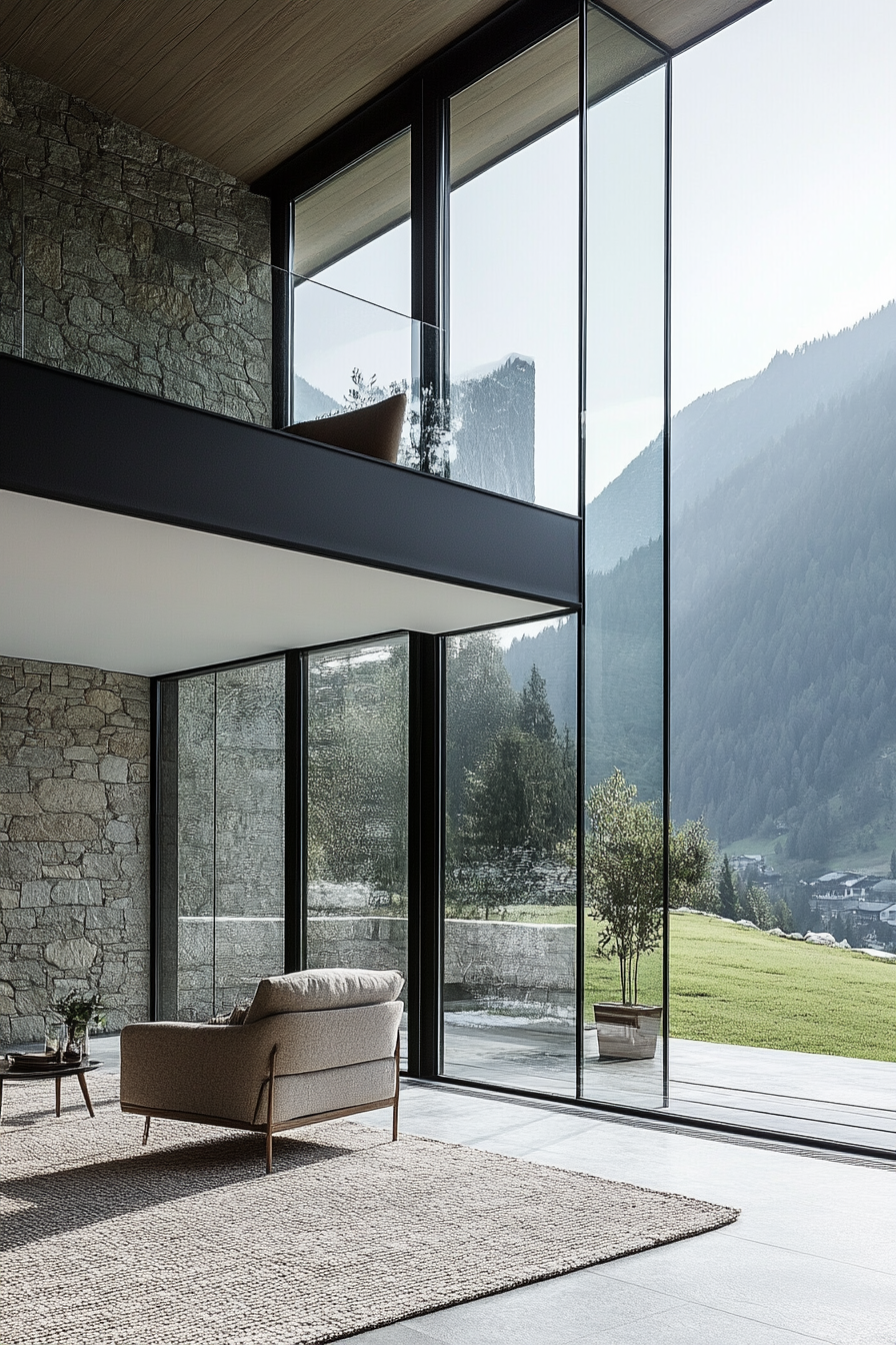 Contemporary Alpine living. Glass-walled house with mountain views.