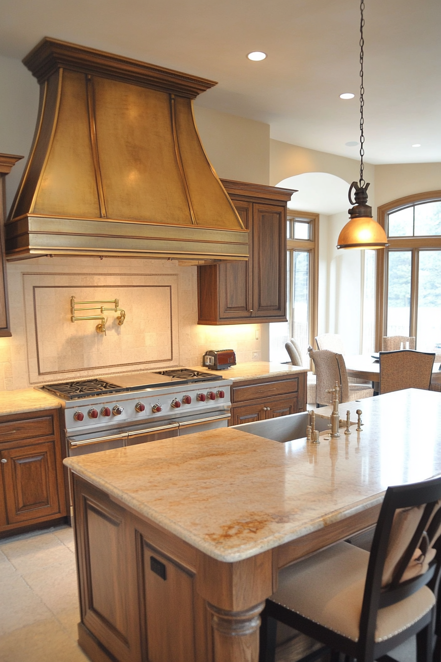 Premium Kitchen Design. Brass range hood with marble countertop.