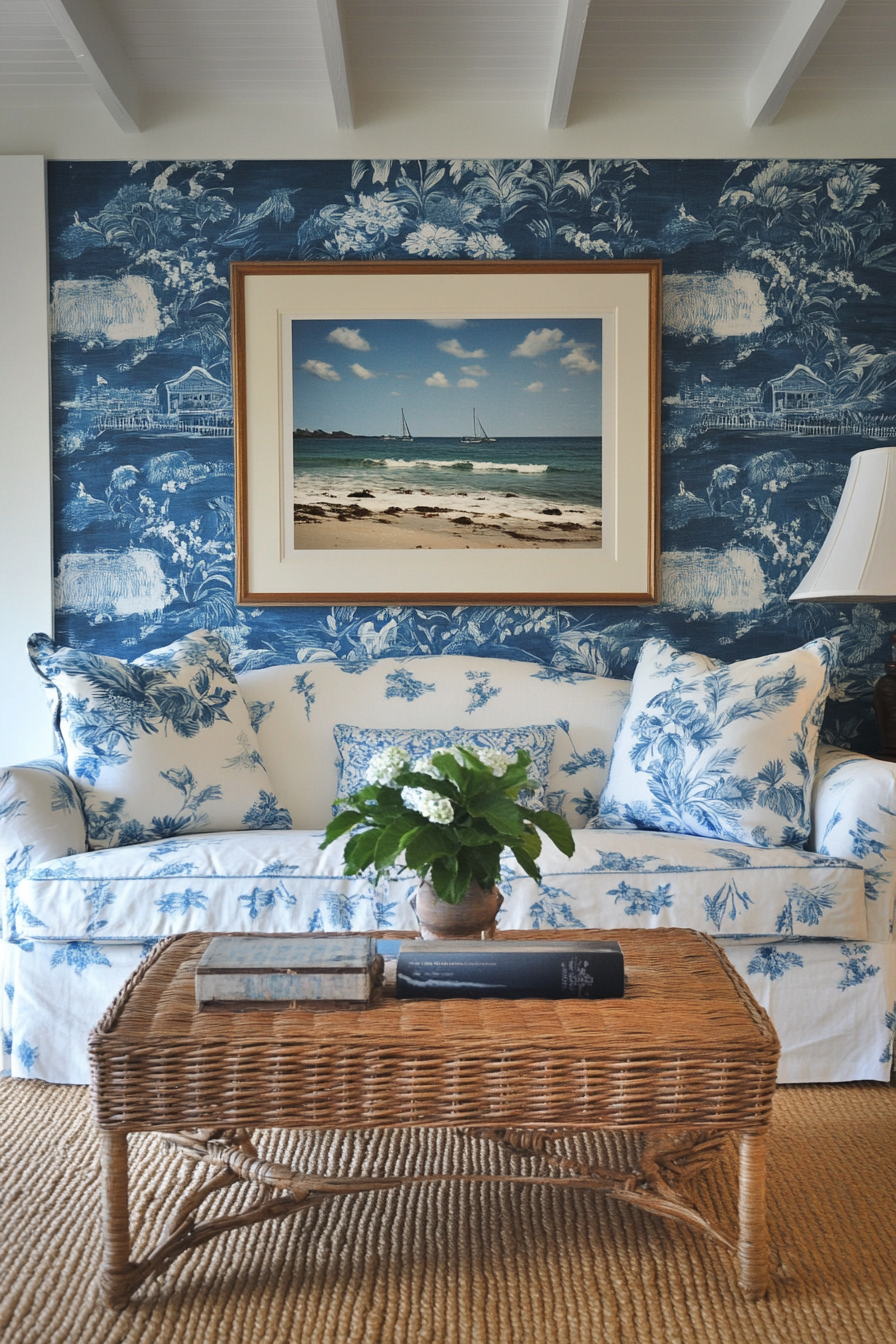 Coastal living space. Antique floral couch, blue chinoiserie wallpaper, woven basket-coffee table.