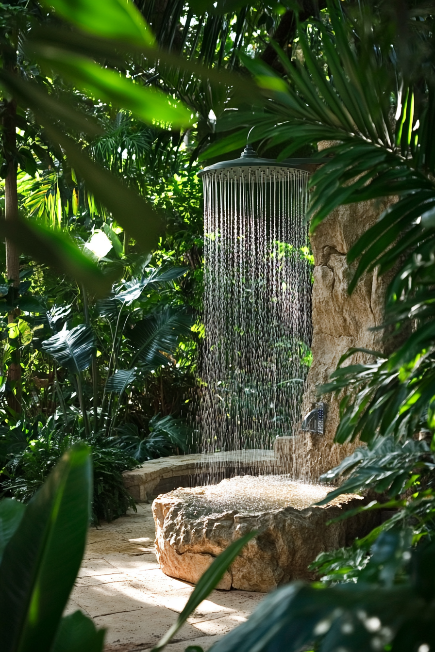 Outdoor shower. Rock formation base, cascading showerheads, incorporated in a lush tropical garden.