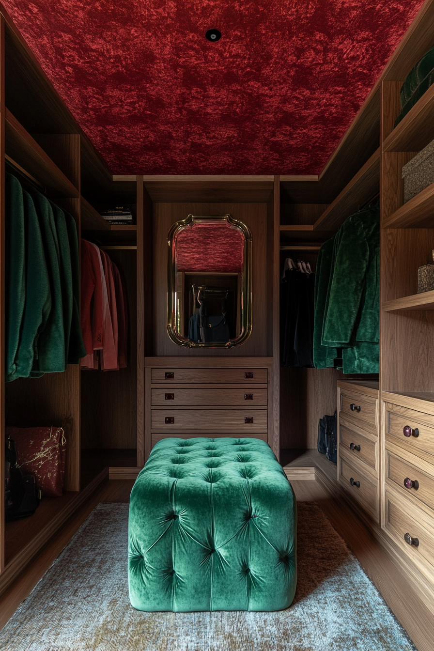 Walk-in closet. Emerald velvet ottoman, textured ruby wallpaper ceiling, smart vanity mirror.