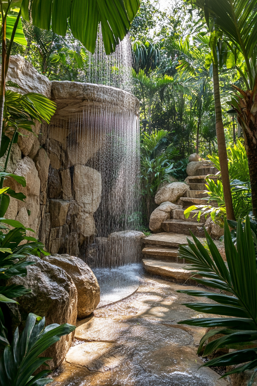 Outdoor shower. Natural rock formation with multiple cascading heads amidst tropical flora.