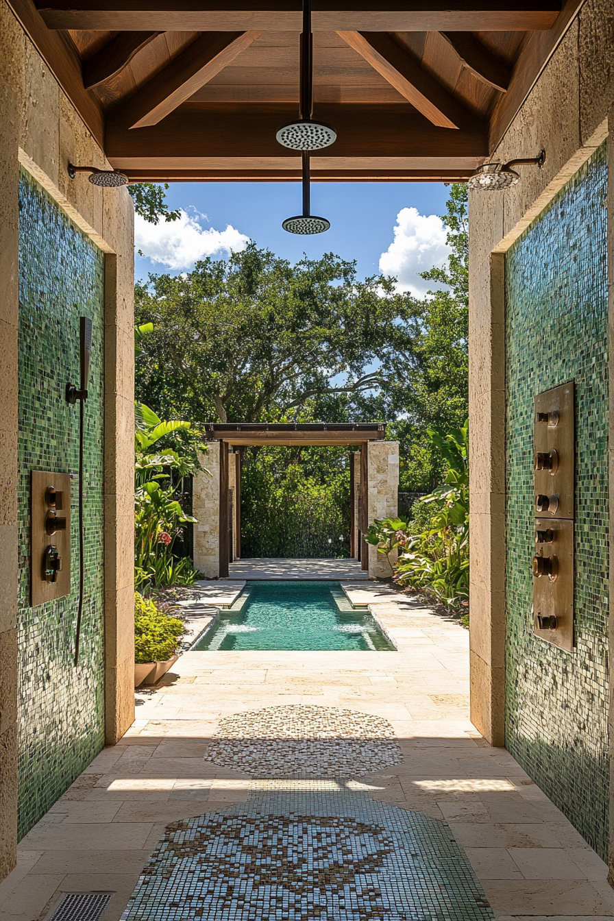 Luxe pool house. Indoor-outdoor shower with mosaic tile details.