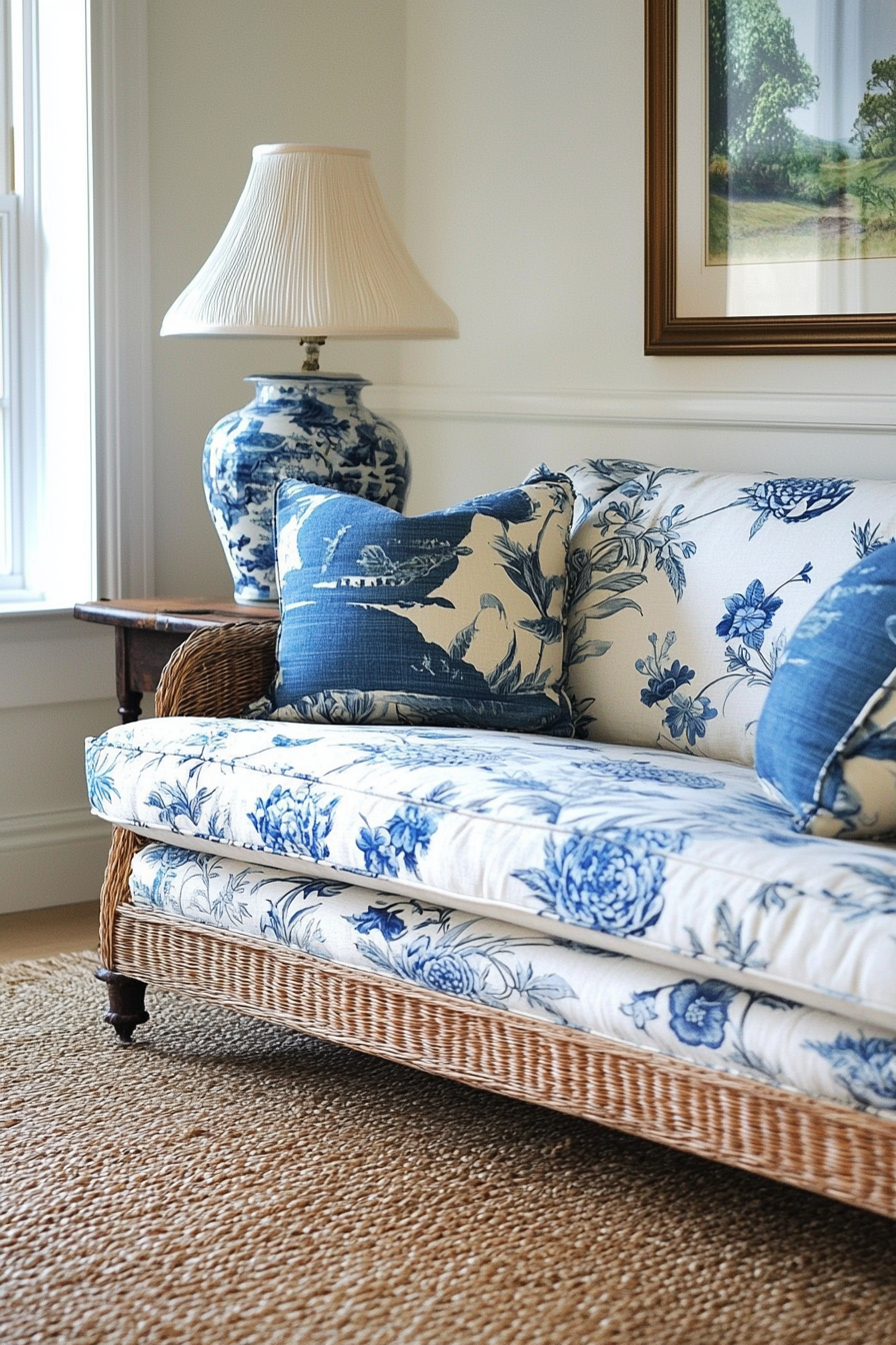 Coastal living space. Antique floral sofa with a blue chinoiserie cushion and woven jute rug.