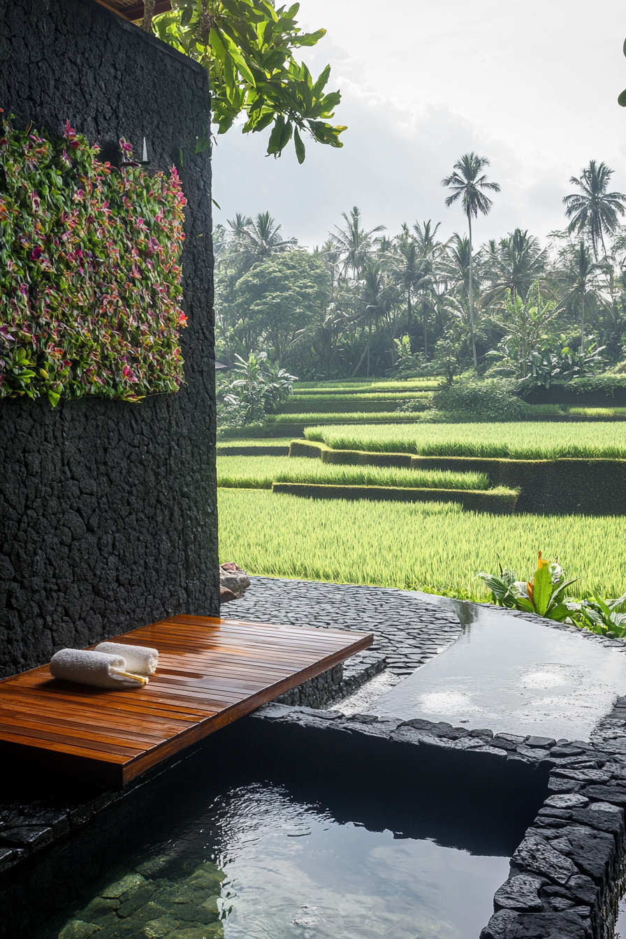 Outdoor shower. Black lava stone walls, teak platform, living orchid wall, rice paddy backdrop.