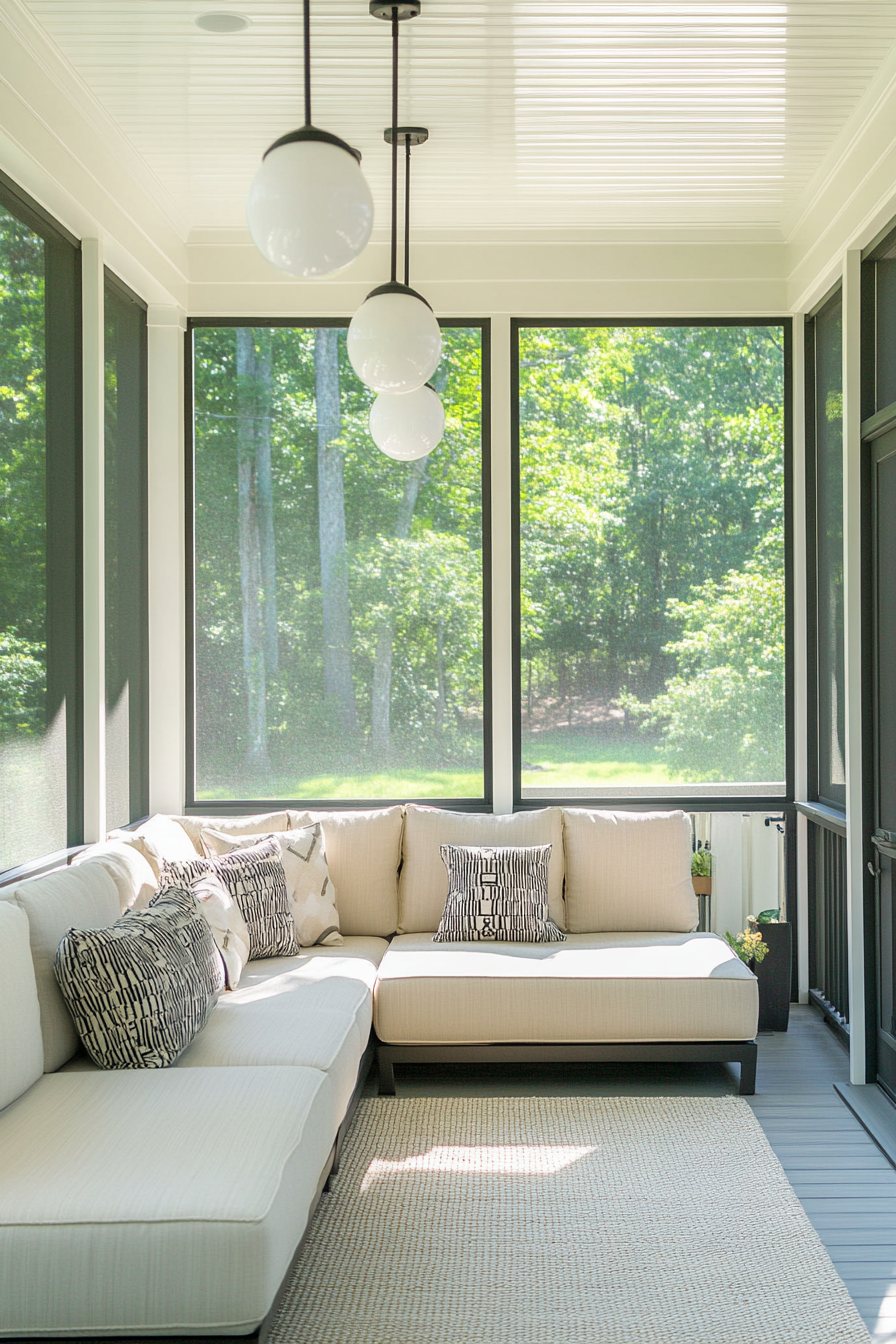 Modern enclosed porch. Ivory sectional sofa against glass walls with hanging globe pendant lights.