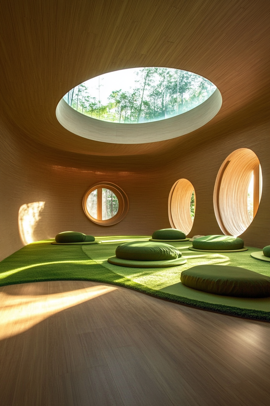 Yoga space. Bamboo flooring with plush green meditating corner beneath circular skylight.