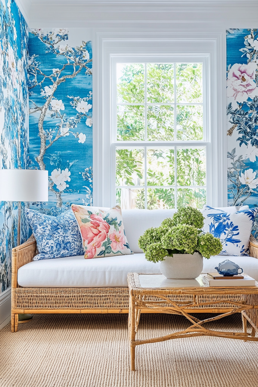 Coastal living space. Vintage floral couch paired with blue chinoiserie wallpaper and woven rattan furniture.