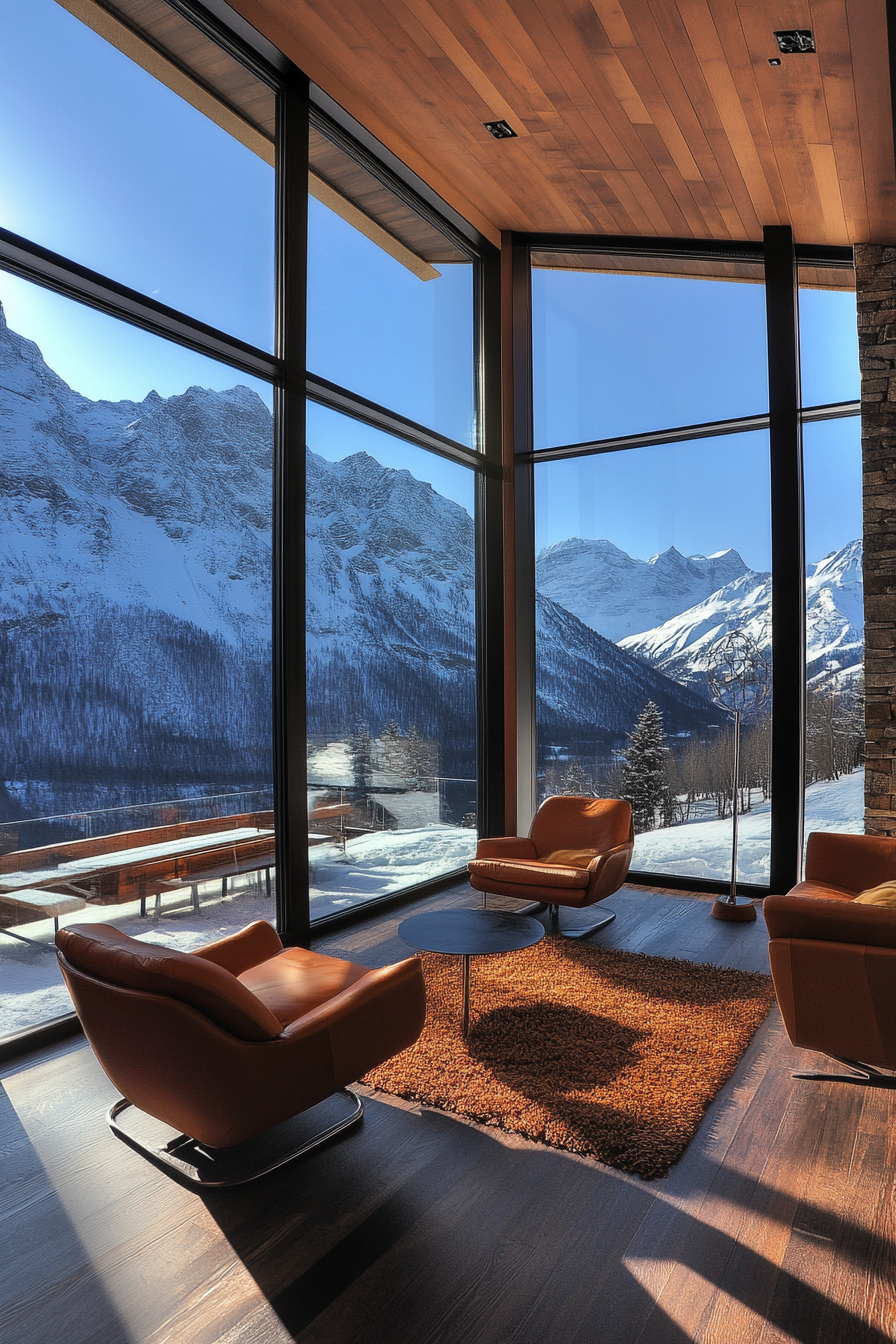 Contemporary Alpine Living. Floor-to-ceiling frosted glass windows overlooking snowy mountain peaks.