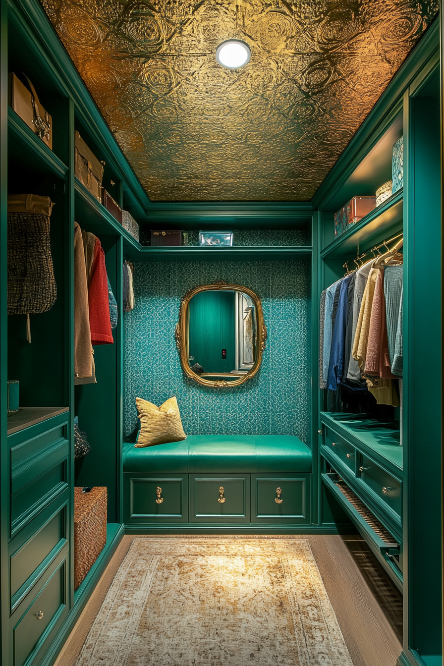 Walk-in closet. Emerald green textures, sapphire blue seating, smart technology mirror, textured gold wallpaper ceiling.