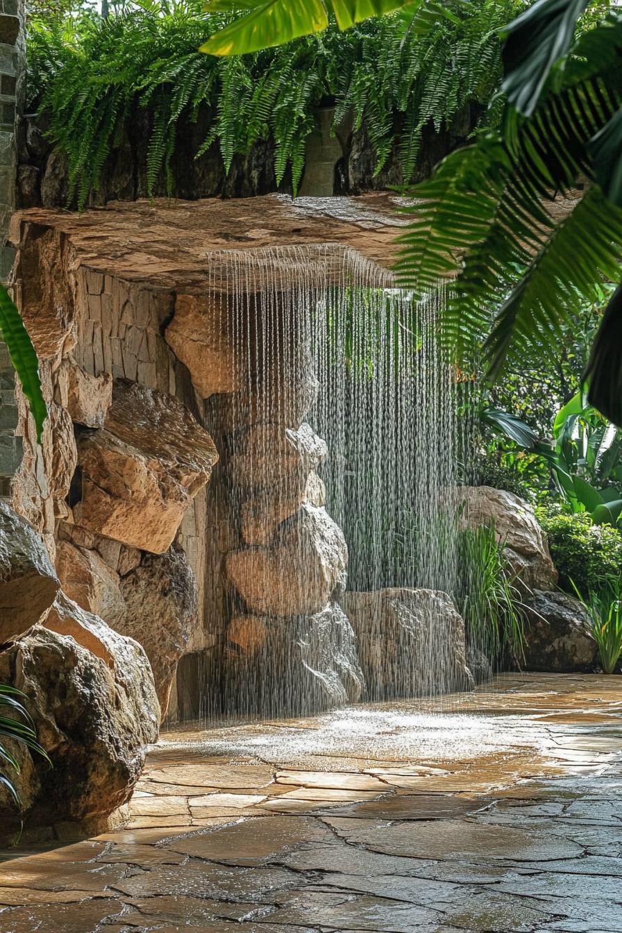 Outdoor shower. Natural rock formation with tropical fern fringe and overhead artificial waterfall.