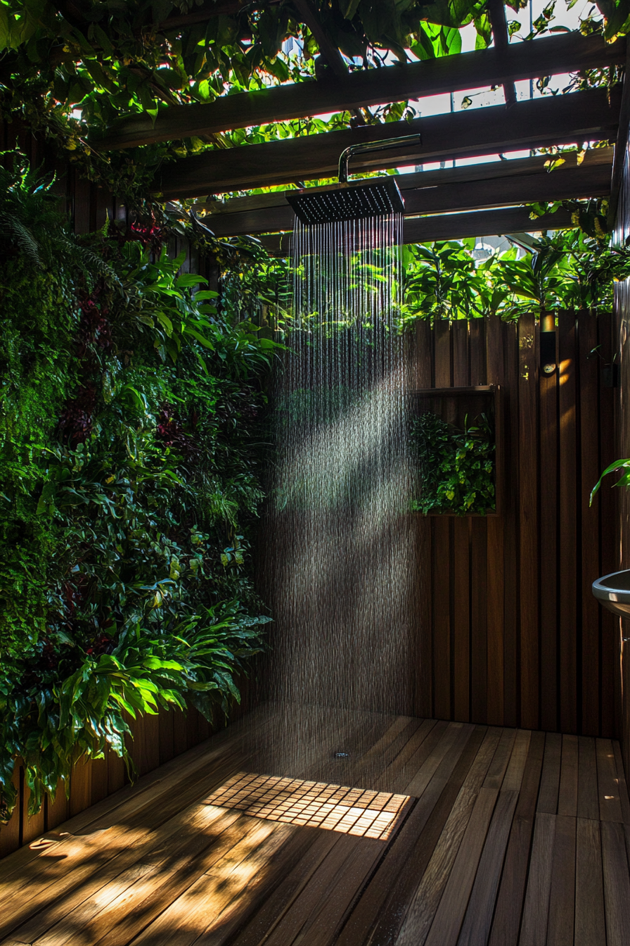 Outdoor bathroom. Teak flooring, rainfall shower head, living privacy wall under pergola cover.