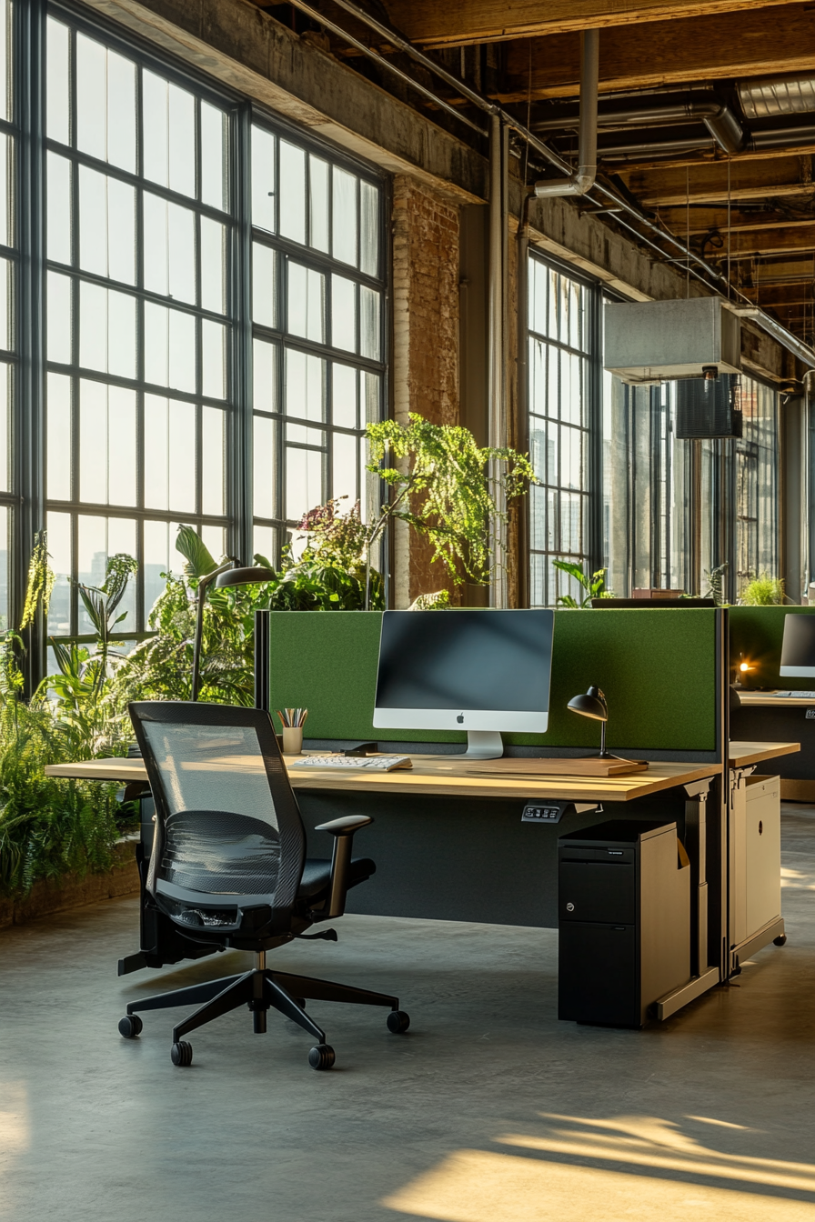 Remote workspace. Modular desk system with green wall divider beneath industrial windows.