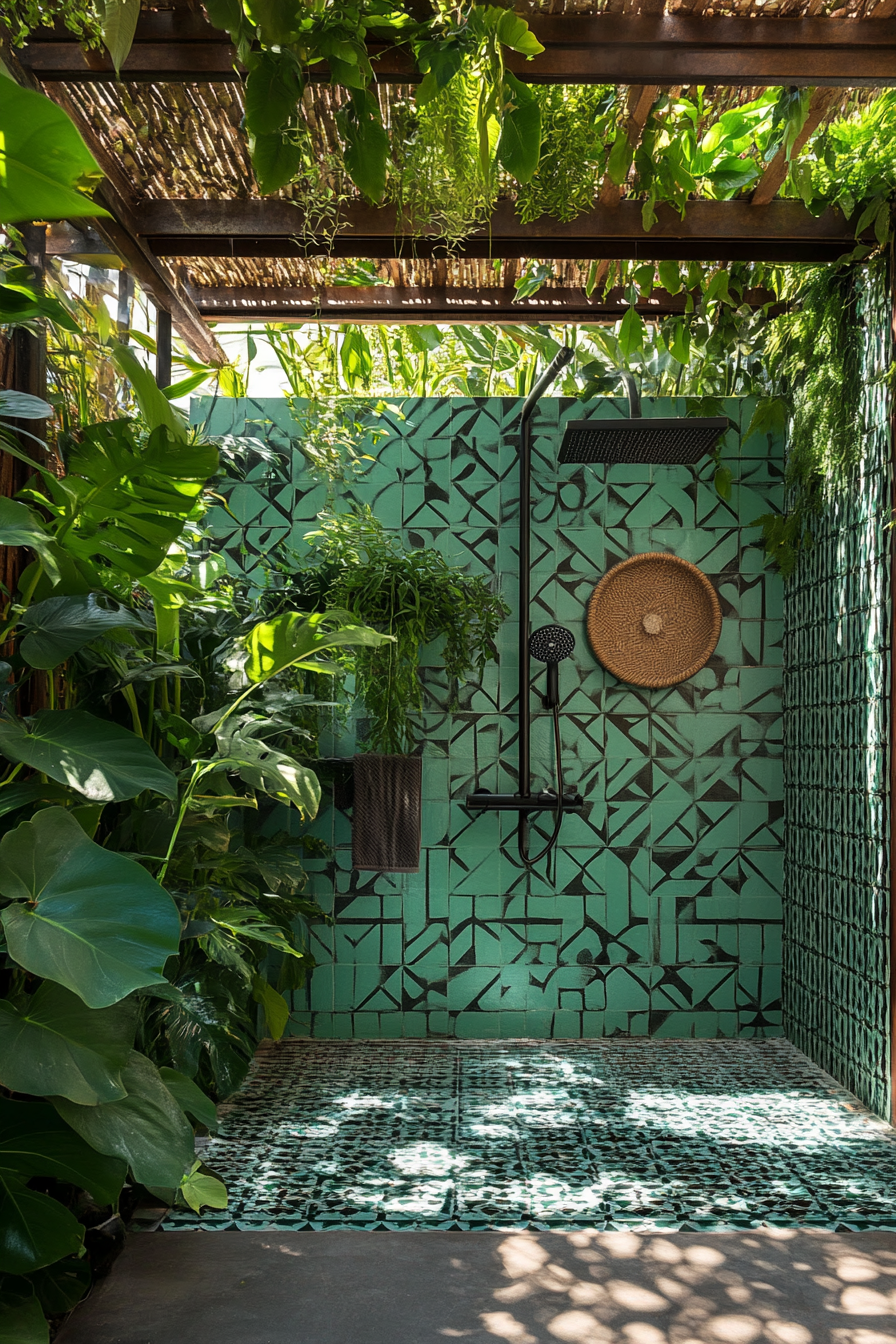 Pool house. Indoor garden shower with geometric tile backdrop.