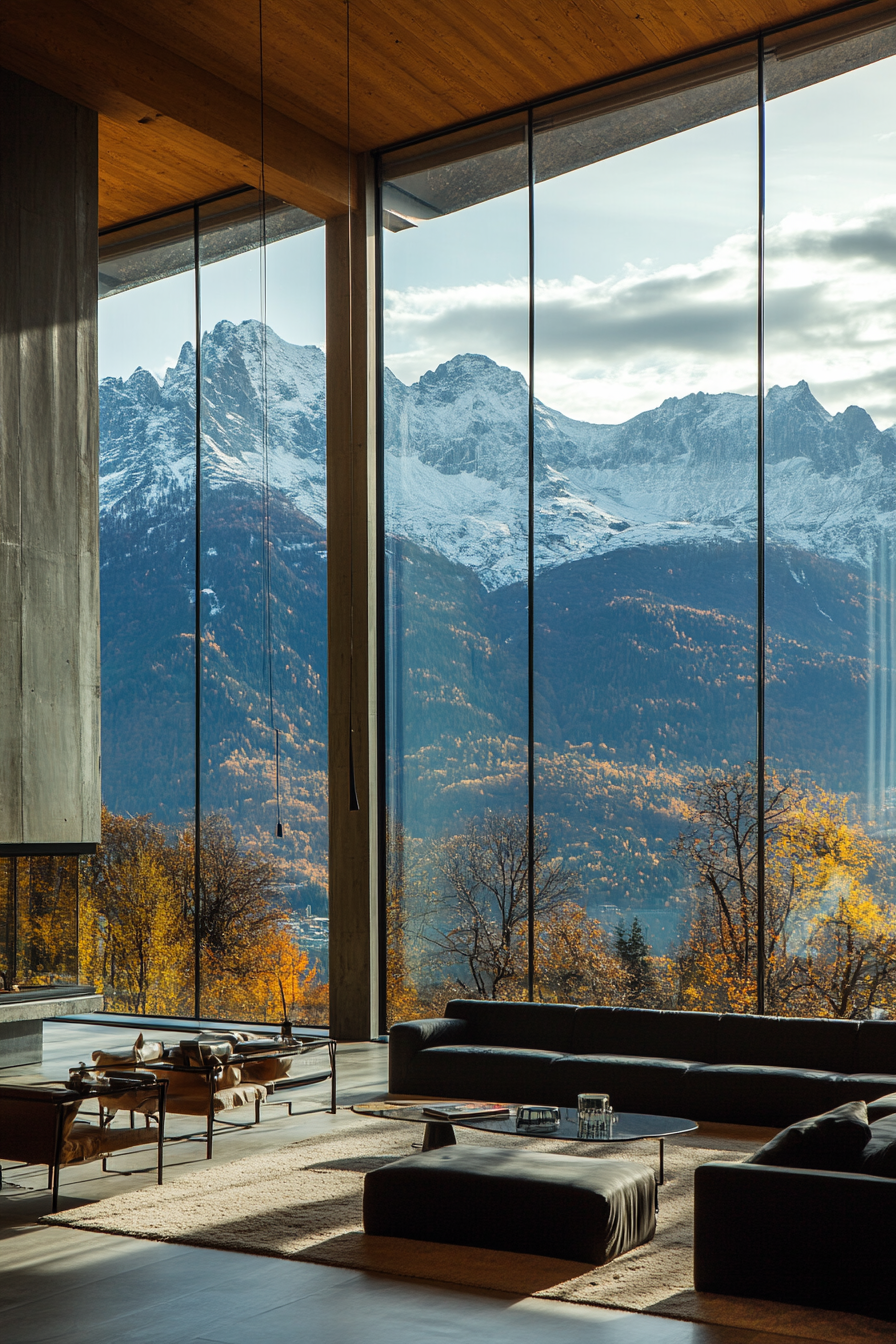 Contemporary Alpine living. Panoramic glass walls with mountain view.