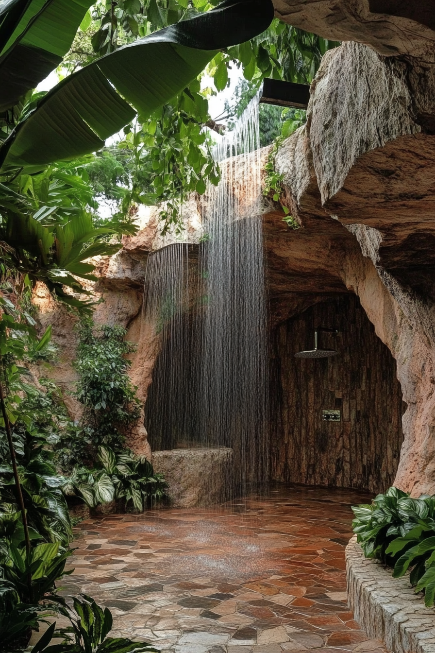 Outdoor shower. Natural rock formation, cascading rainfall shower heads, surrounding tropical plant-life.