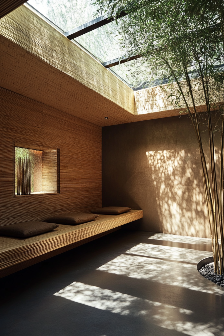 Meditation space. A bamboo bench under a giant skylight with concealed cushion storage.