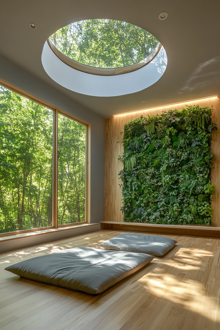 Yoga space. Living wall beneath circular skylight, bamboo flooring, and a meditation corner.