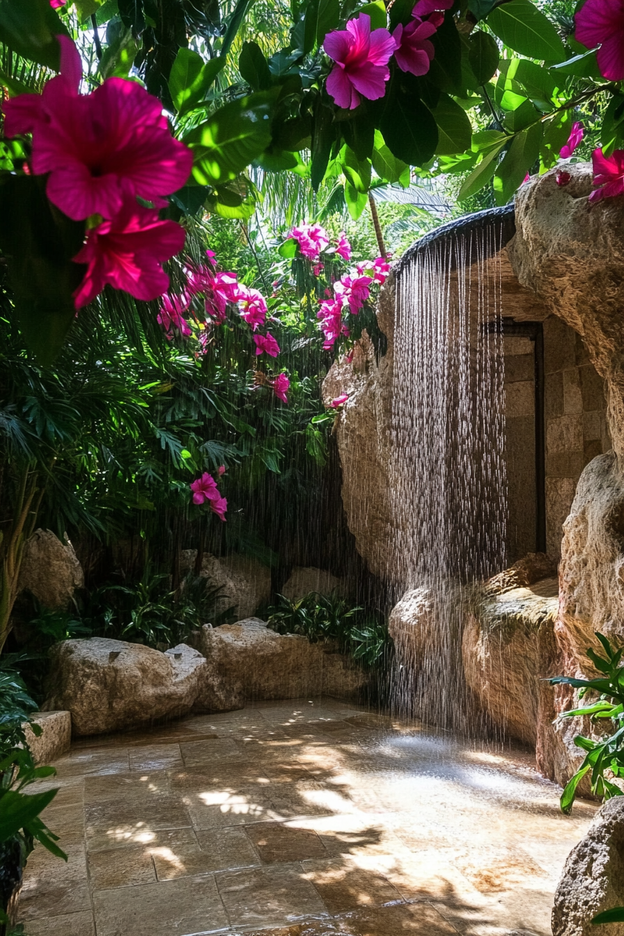 Outdoor Shower. Natural rock formation and cascade shower surrounded by hibiscus trees.