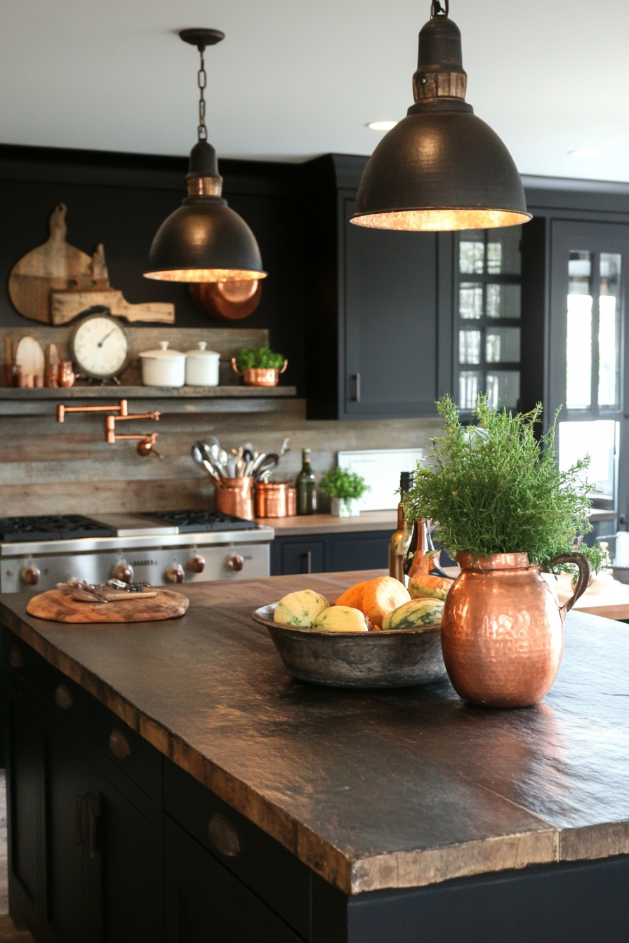 Kitchen. Soapstone countertops, copper vessels, vintage scale, industrial pendants.