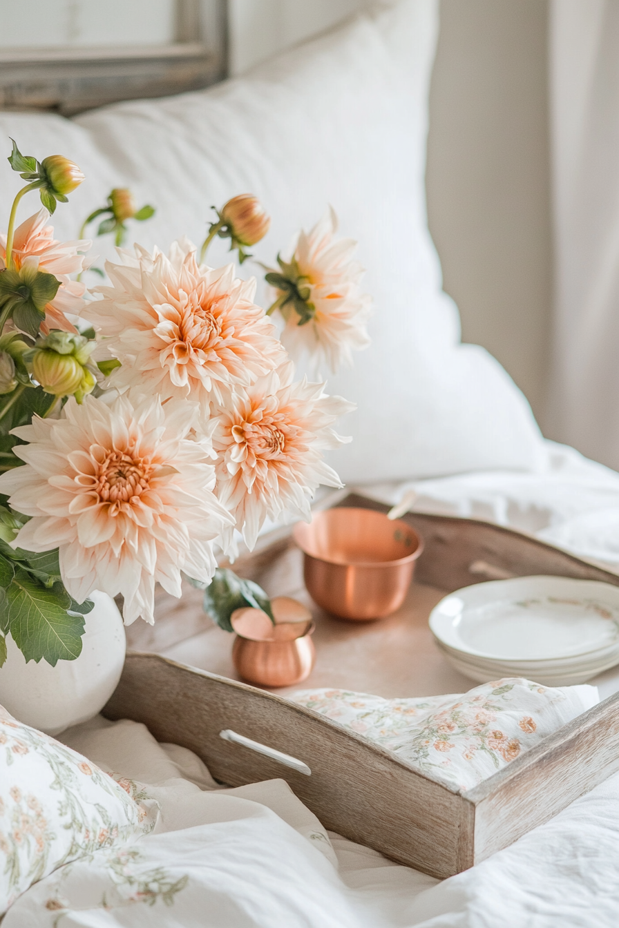 Bedside setup. Vintage trays with copper servingware and peach dahlias.