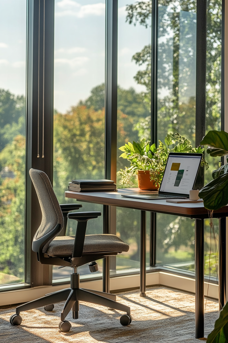 Remote work space. Novelty mat coffee nook under modern glass panes with olive medium caster-desk ensemble.