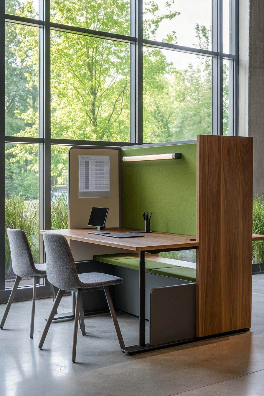 Remote workspace. Teak modular desk, moss green wall divider, grey convertible meeting nook under large steel-framed windows.