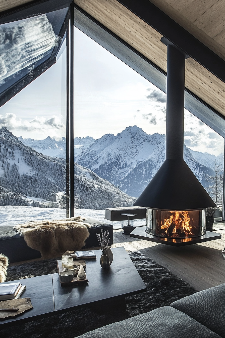 Contemporary Alpine living. Glass cabin with fireplace overlooking snowy peaks.