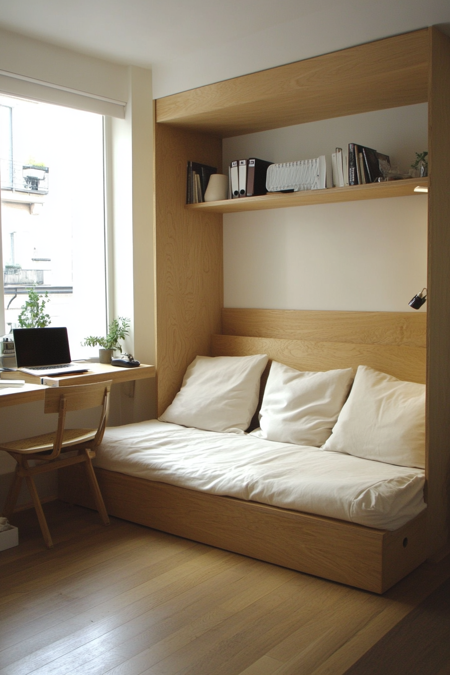 Minimal living space. Transforming desk-bed in lime wood with white cushions and zen study corner.