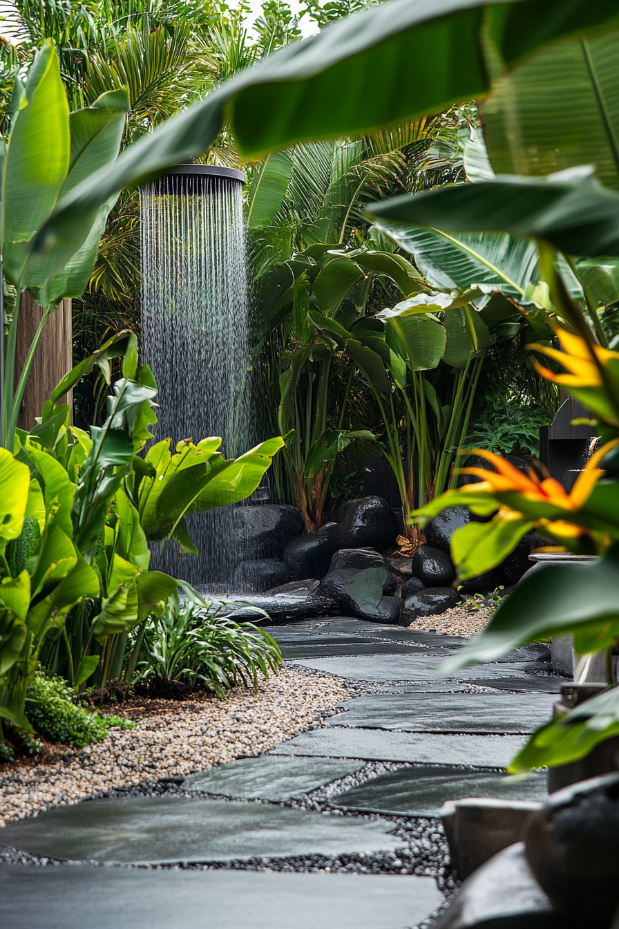 Outdoor shower. Slate stones, waterfall shower heads, surrounded by banana leaf plants.