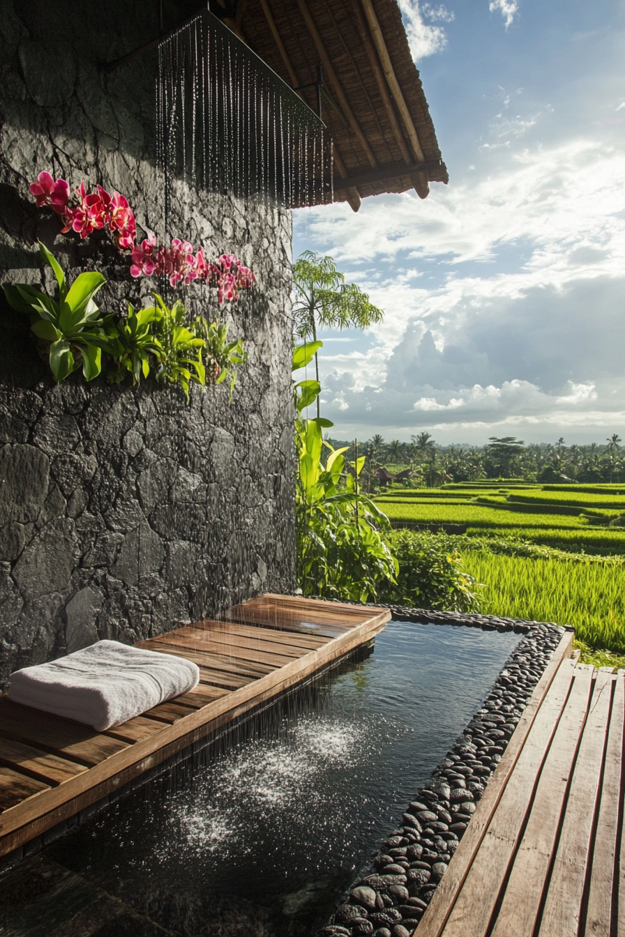 Outdoor tropical shower. Black lava stone walls, teak platform, orchid wall, overlooking rice paddies.