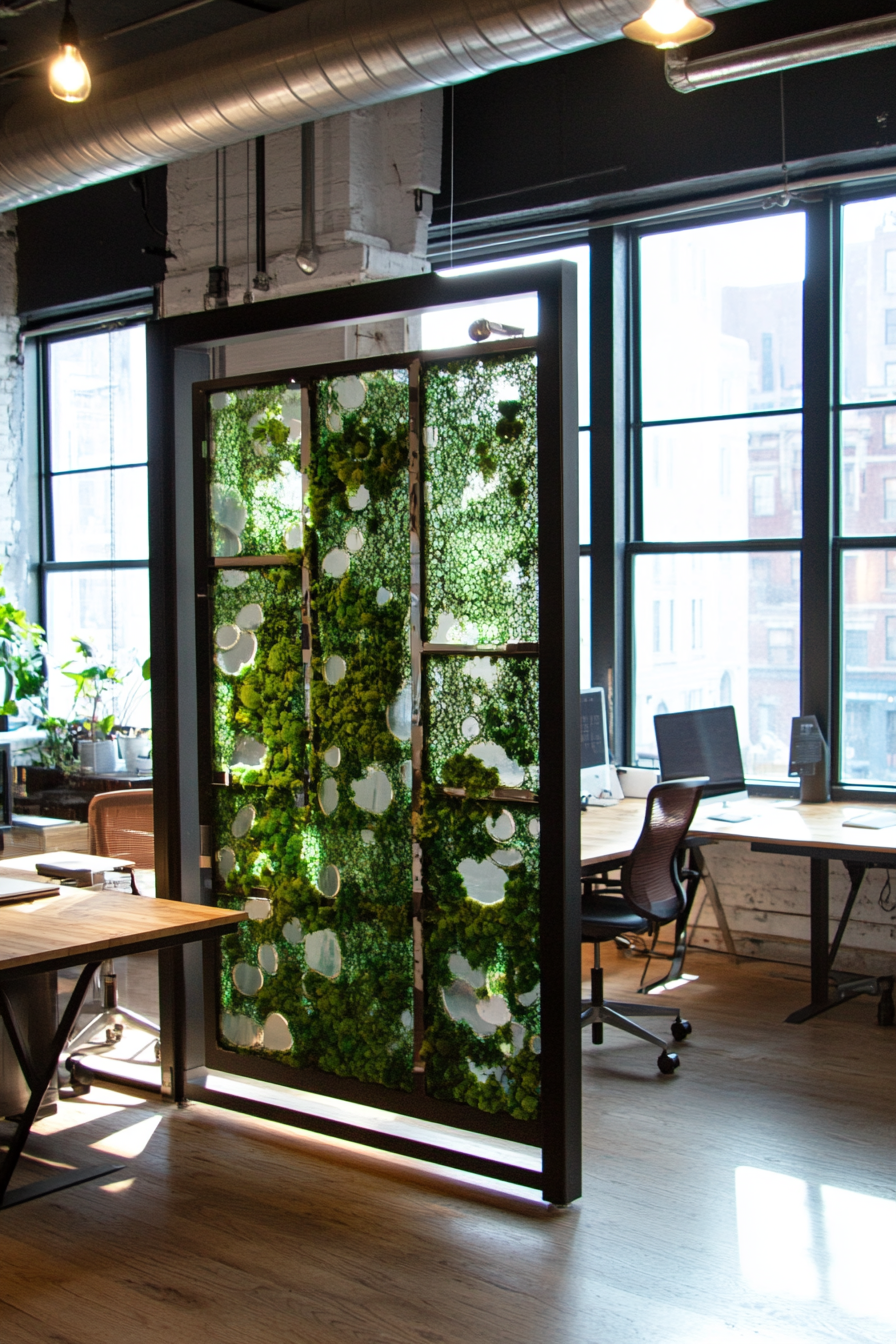 Multifunctional remote workspace. Green moss-agate plant screen dividing adjustable mahogany desks beneath expansive steel-framed windows.