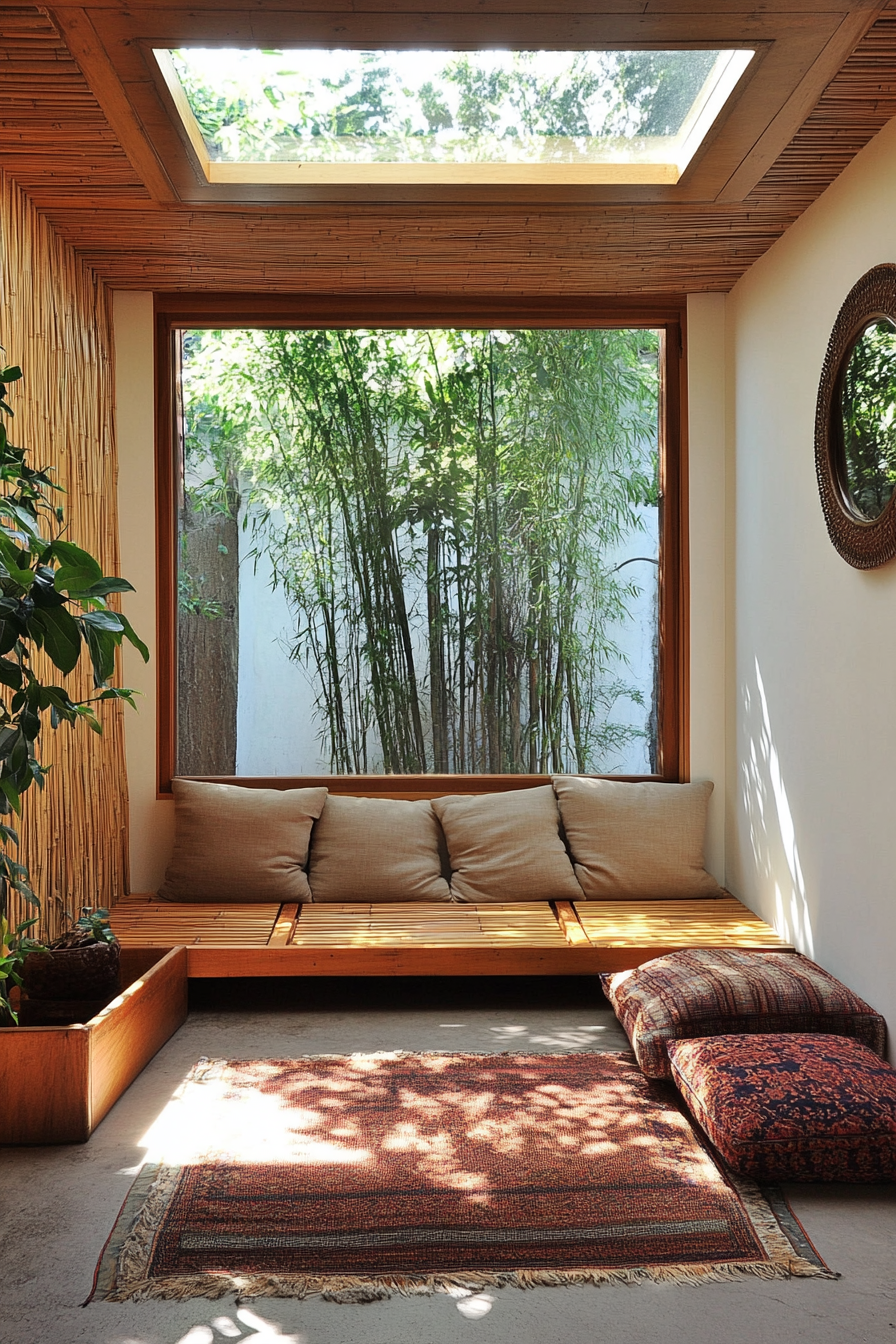 Meditation space. Bamboo bench under a bright skylight with floor cushion storage.