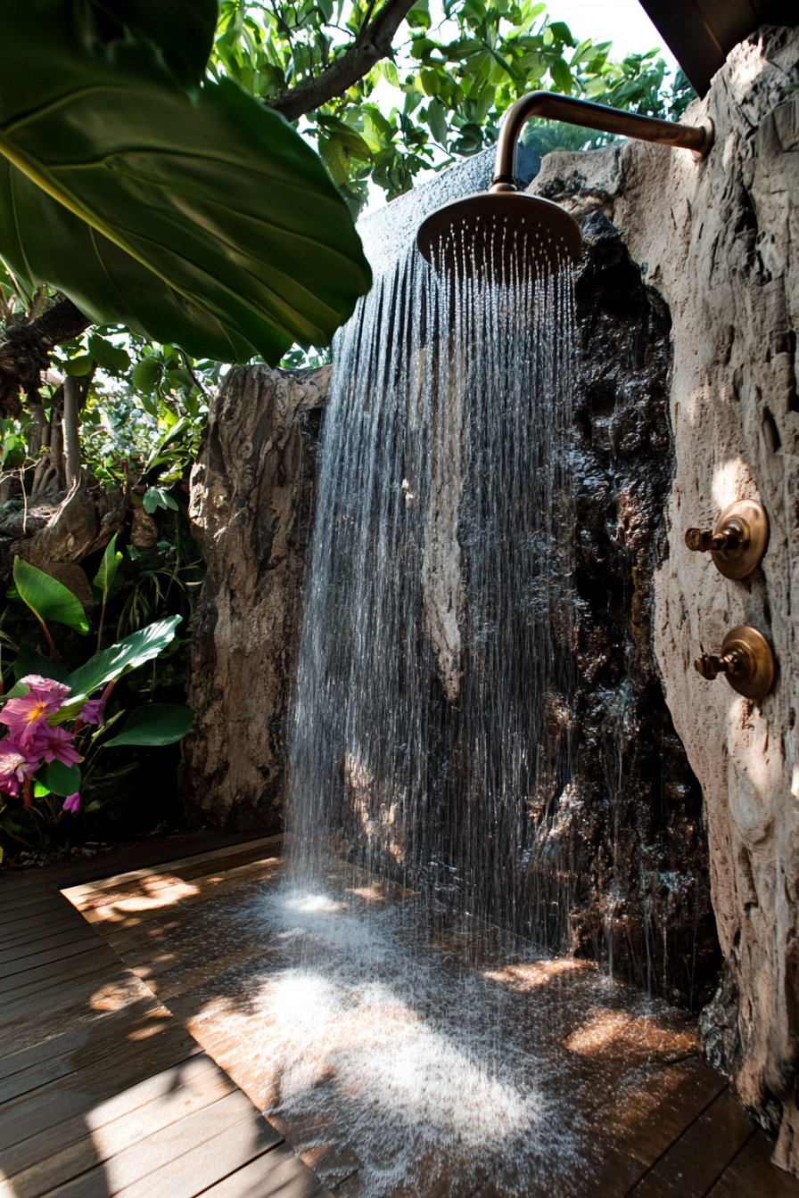 Outdoor shower. Natural rock waterfall with cascading island-flora entwined bronze sprayed fixtures.