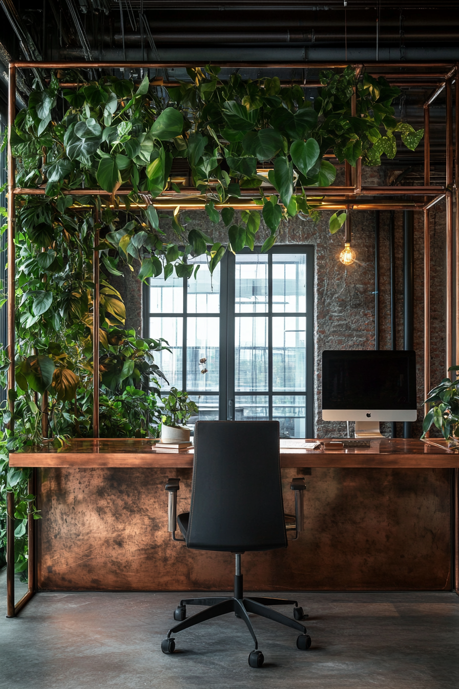 Multifunctional workspace. Copper modular desk near industrial windows and plant covered green partition.